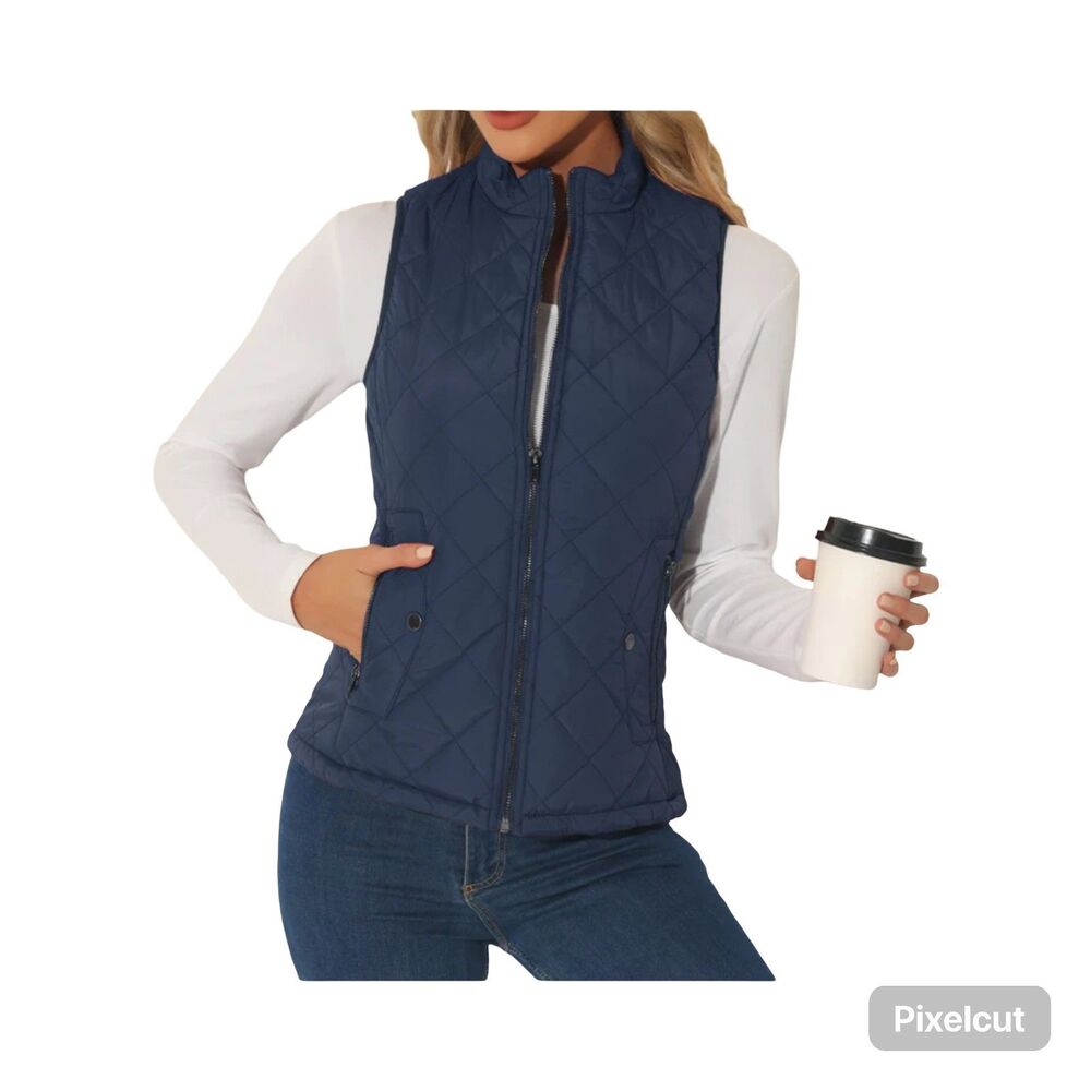 ALLEGRA K Women's Blue Quilted Lined Vest Sz XL Full Zip w Pockets